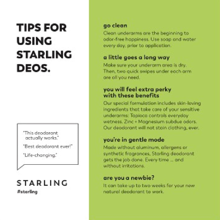 Tips for using Starling Skincare All-Natural Deodorants.